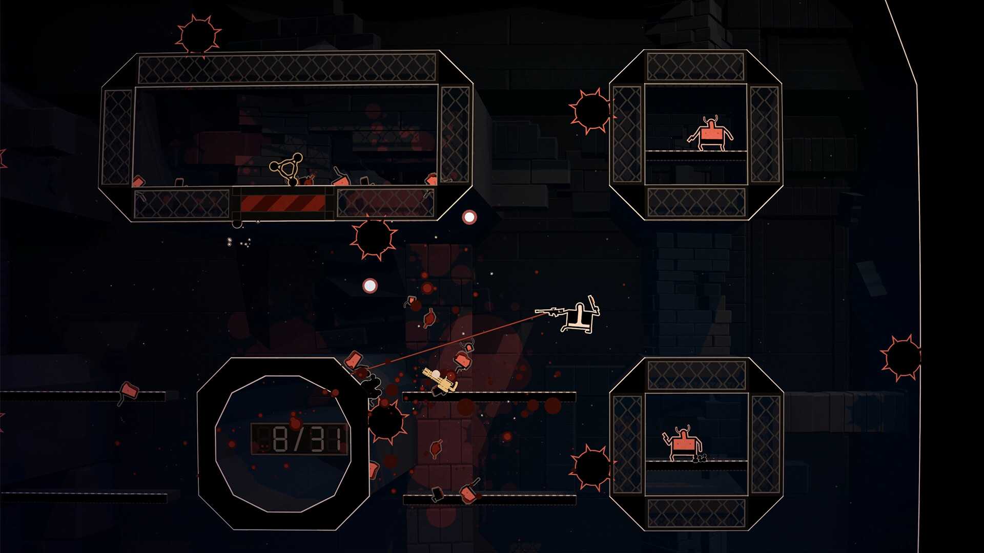 Screenshot from Shotgun Cop Man video game of Shotgun Cop Man firing at enemies in boxes