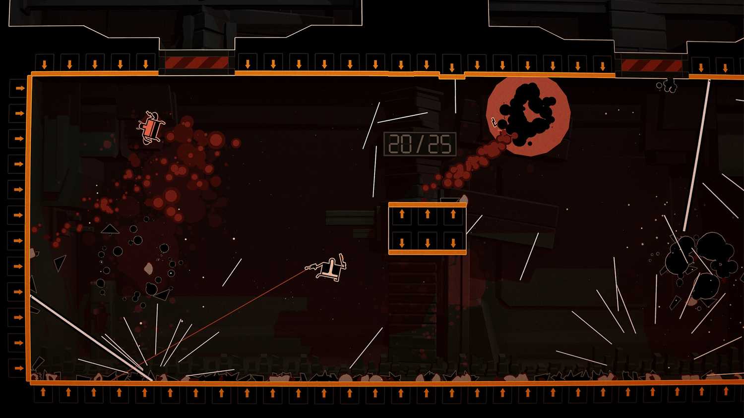 Screenshot from Shotgun Cop man video game of player fighting multiple enemies while avoiding hazards