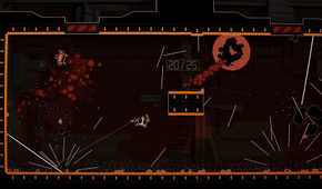 Screenshot from Shotgun Cop man video game of player fighting multiple enemies while avoiding hazards