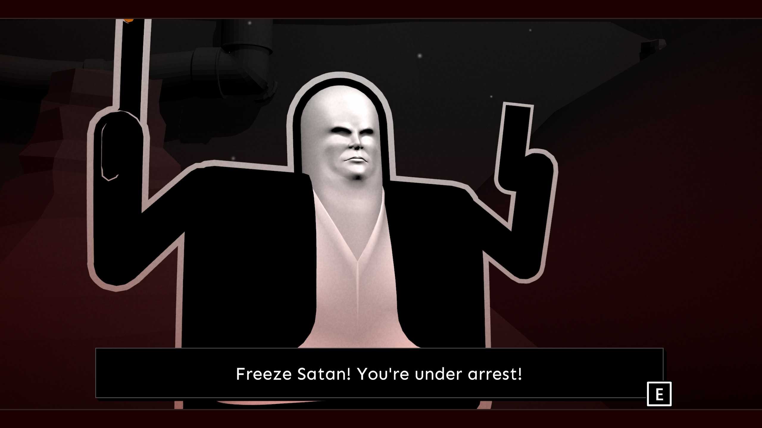 Screenshot from Shotgun Cop Man video game of main character Shotgun Cop Man telling Satan he is under arrest.