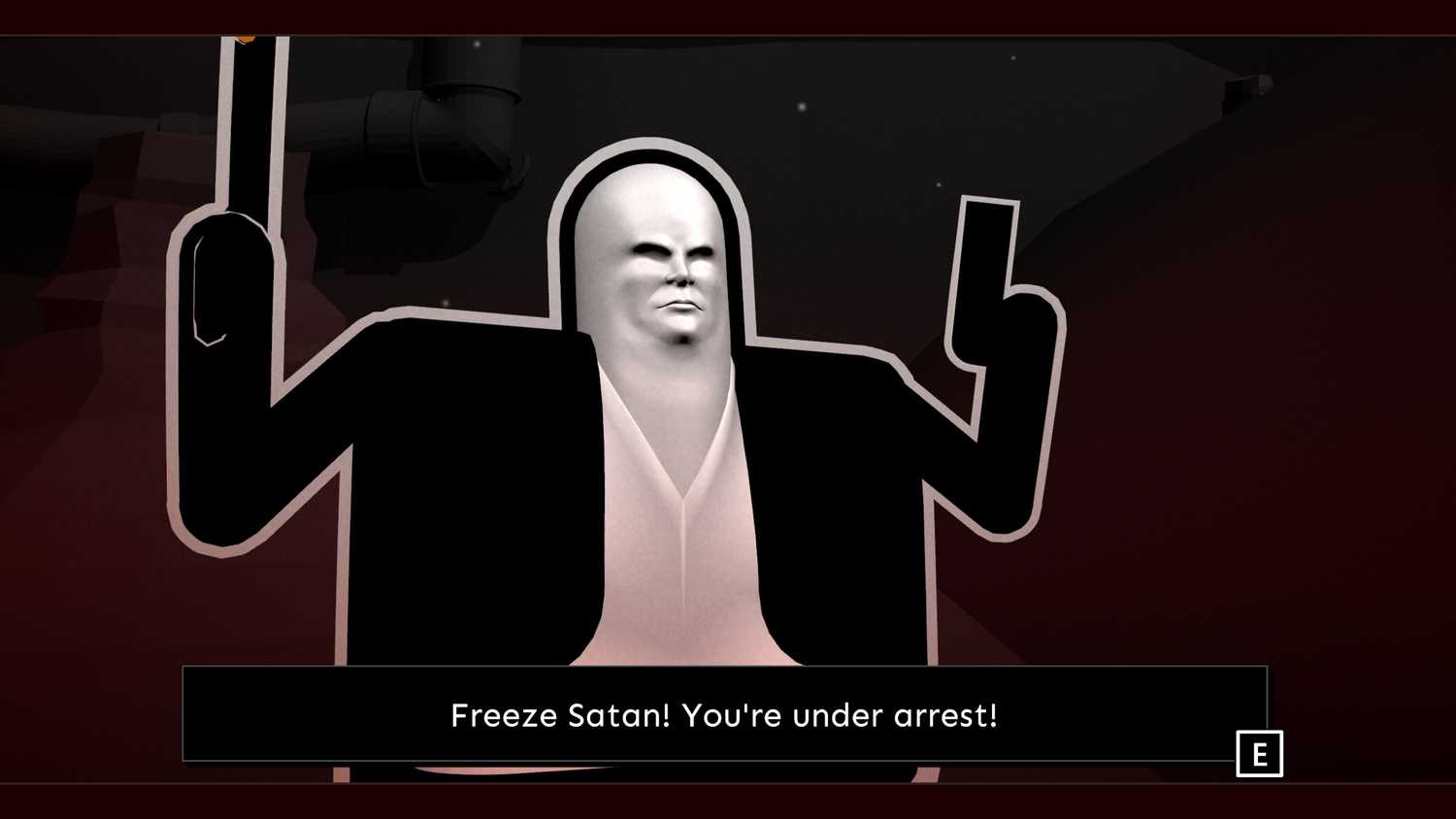 Screenshot from Shotgun Cop Man video game of main character Shotgun Cop Man telling Satan he is under arrest.