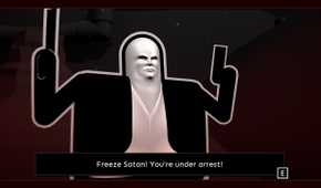 Screenshot from Shotgun Cop Man video game of main character Shotgun Cop Man telling Satan he is under arrest.