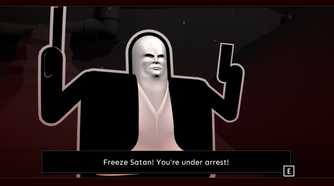 Screenshot from Shotgun Cop Man video game of main character Shotgun Cop Man telling Satan he is under arrest.