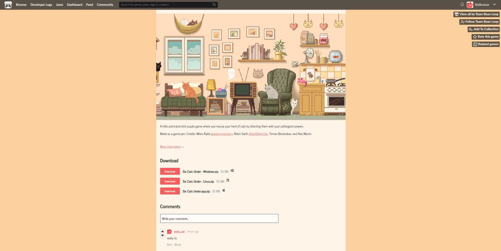 Screenshot from video game Six Cats Under being played in a web browser.
