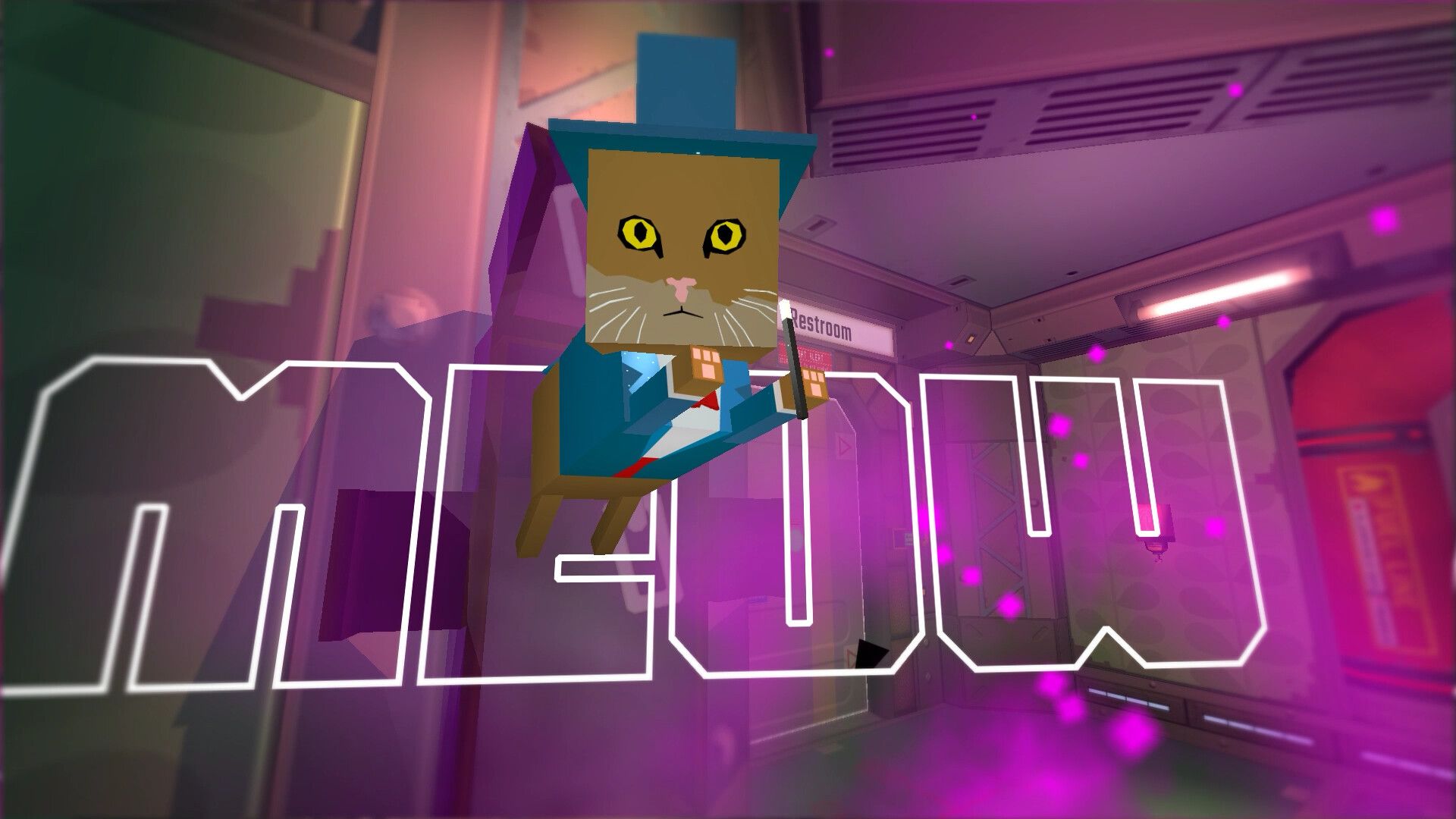 Screenshot from Skin Deep video game of cat jumping out of cage saying 'meow'
