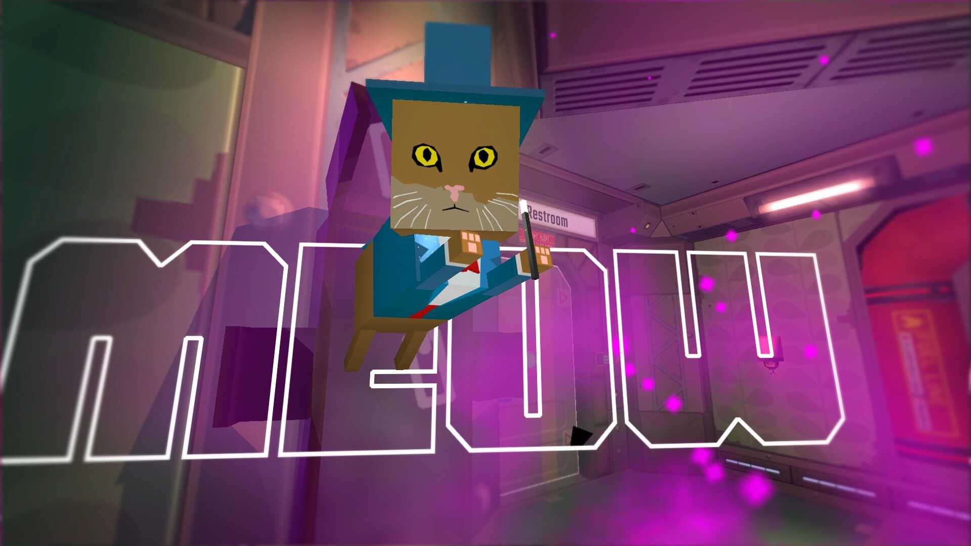 Screenshot from Skin Deep video game of cat jumping out of cage saying 'meow'
