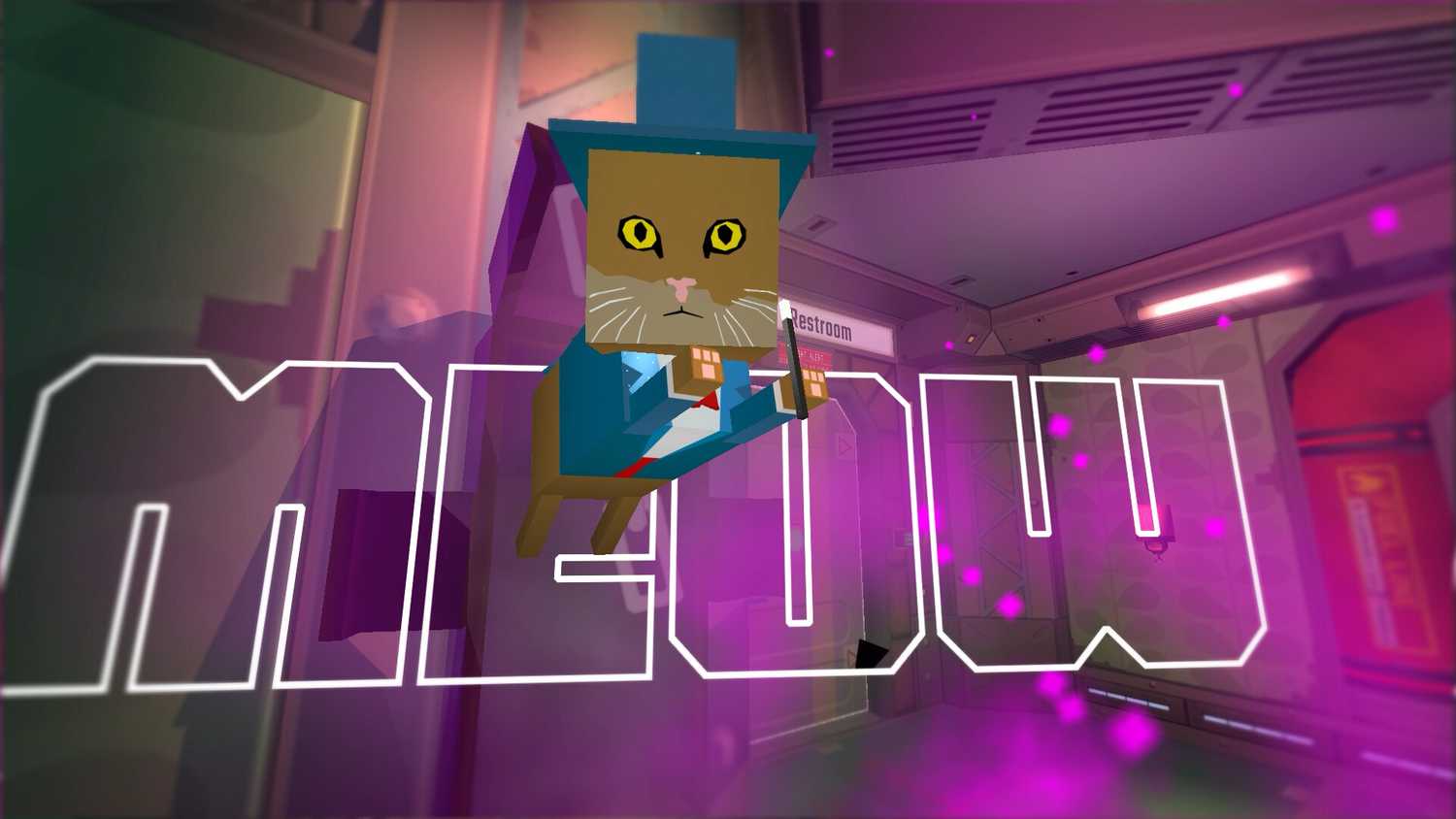 Screenshot from Skin Deep video game of cat jumping out of cage saying 'meow'