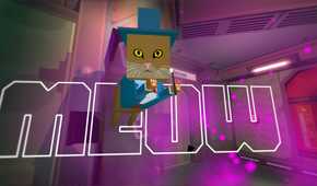 Screenshot from Skin Deep video game of cat jumping out of cage saying 'meow'