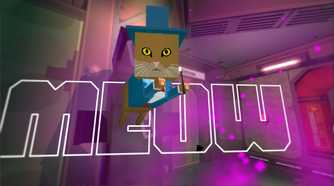 Screenshot from Skin Deep video game of cat jumping out of cage saying 'meow'