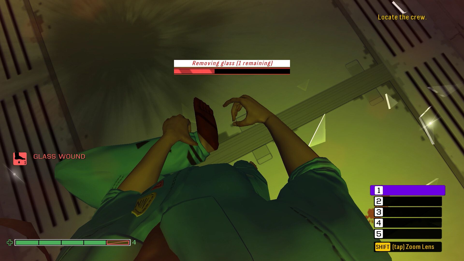 Screenshot from Skin Deep video game of main character removing glass from their foot
