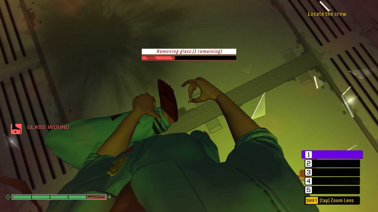 Screenshot from Skin Deep video game of main character removing glass from their foot