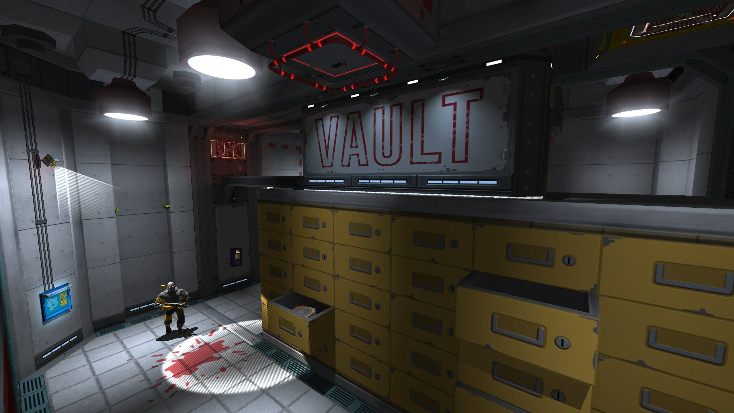 Screenshot from Skin Deep video game of enemy character on the ground floor while main character views them from a higher ledge