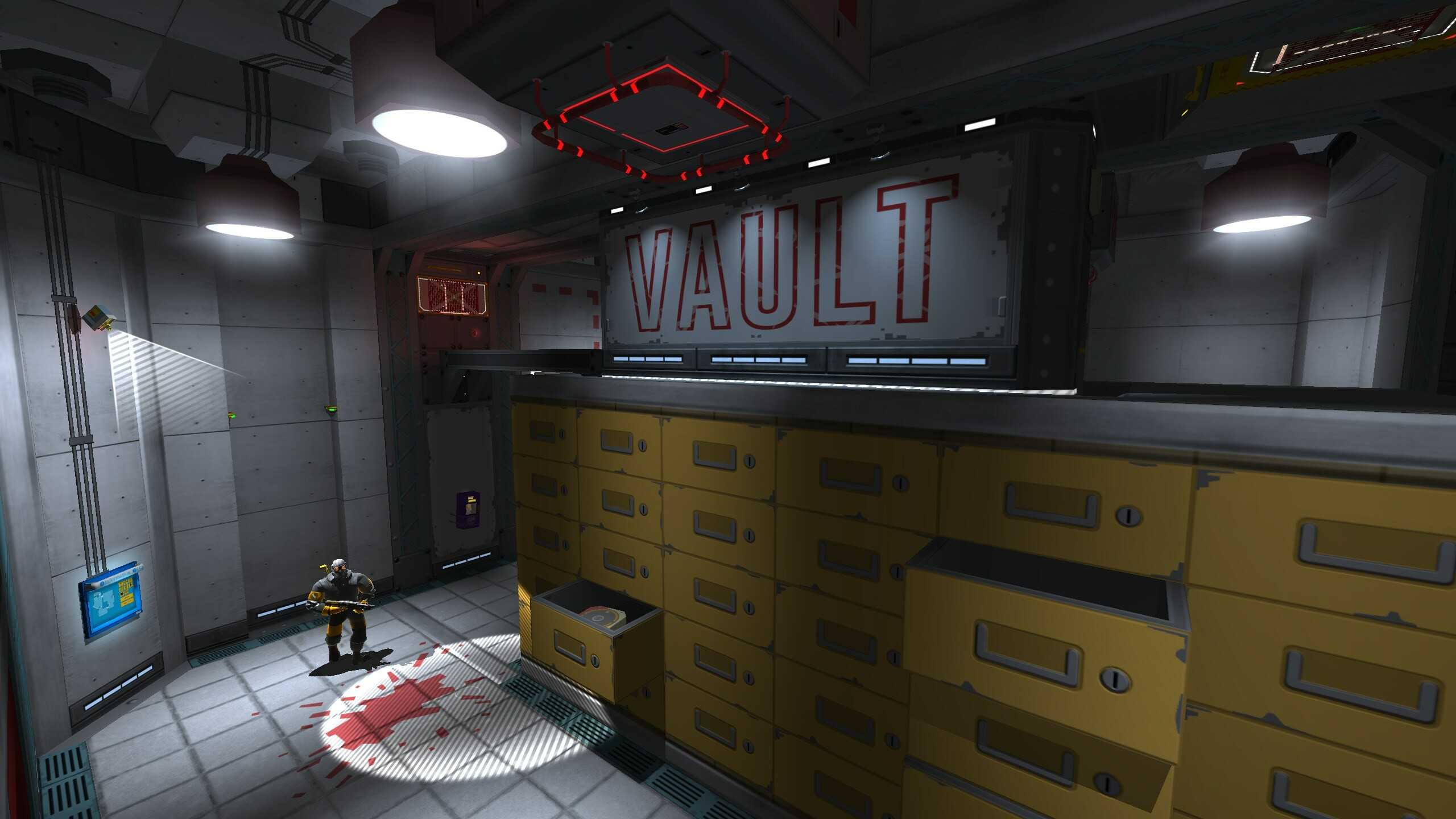 Screenshot from Skin Deep video game of enemy character on the ground floor while main character views them from a higher ledge