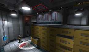 Screenshot from Skin Deep video game of enemy character on the ground floor while main character views them from a higher ledge