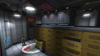 Screenshot from Skin Deep video game of enemy character on the ground floor while main character views them from a higher ledge
