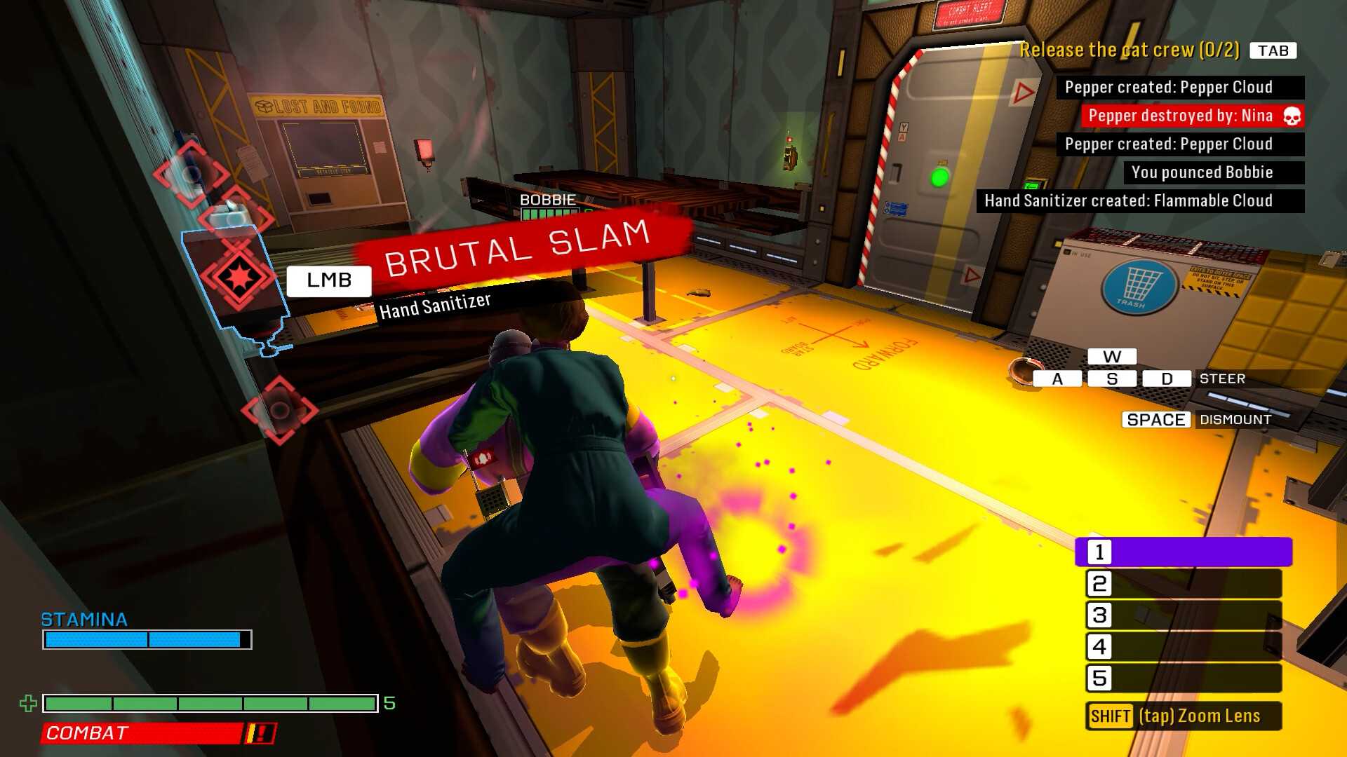Screenshot from Skin Deep video game of main character jumping on enemy character to smash them into walls