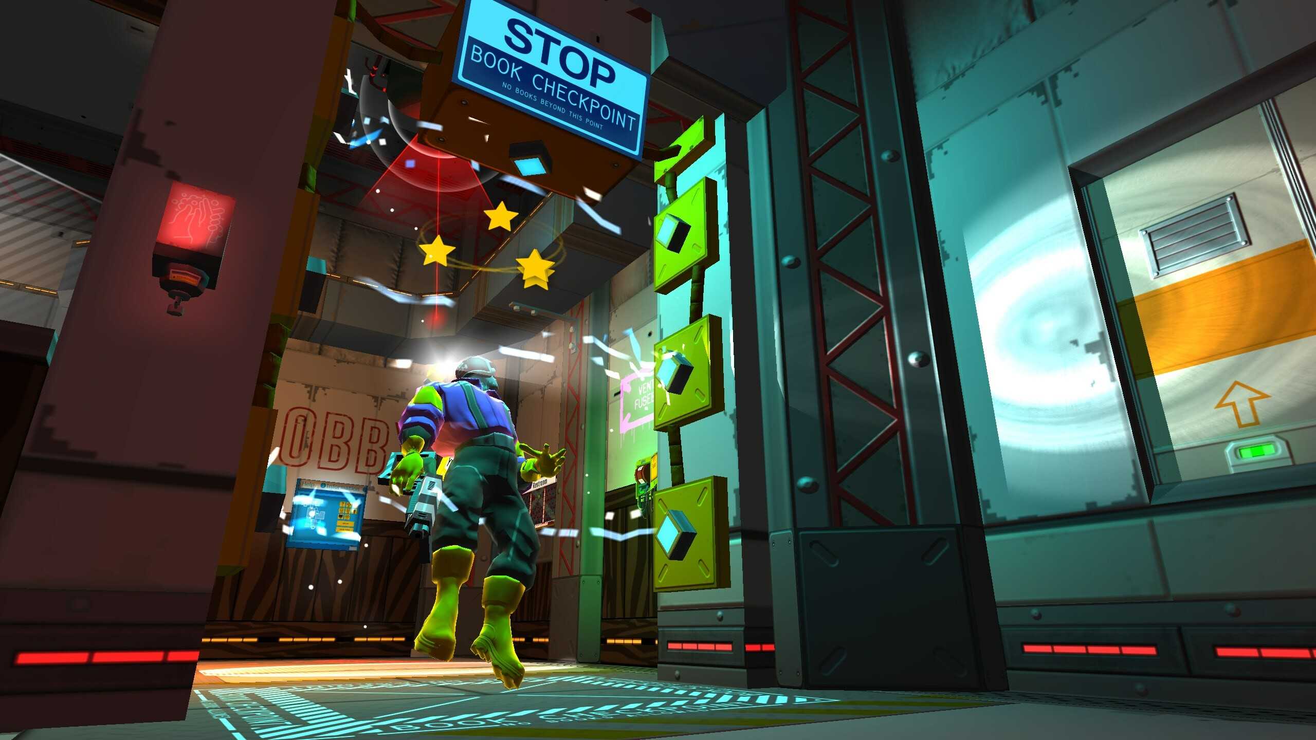 Screenshot from Skin Deep video game of enemy character stunned by electricity