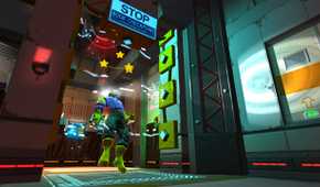 Screenshot from Skin Deep video game of enemy character stunned by electricity