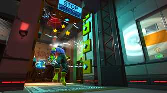 Screenshot from Skin Deep video game of enemy character stunned by electricity
