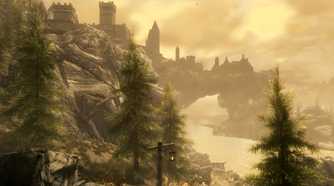 A screenshot from the game The Elder Scrolls V: Skyrim, showing a huge city in the background, with a river running underneath it.