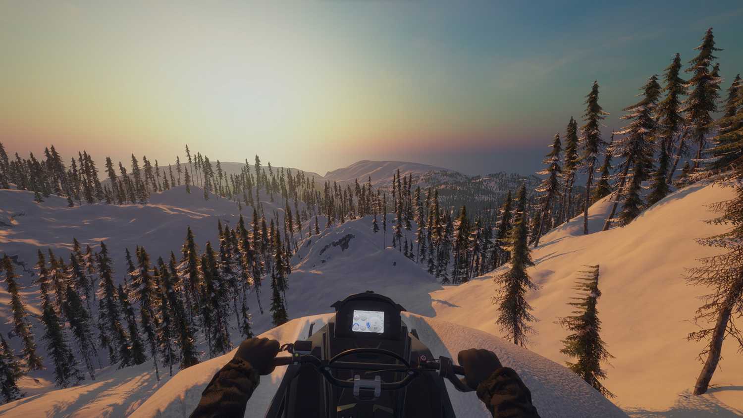 Screenshot from video game Sledders of player looking down at snowy mountain terrain while the sun sets on the horizon