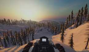 Screenshot from video game Sledders of player looking down at snowy mountain terrain while the sun sets on the horizon