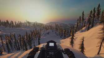 Screenshot from video game Sledders of player looking down at snowy mountain terrain while the sun sets on the horizon