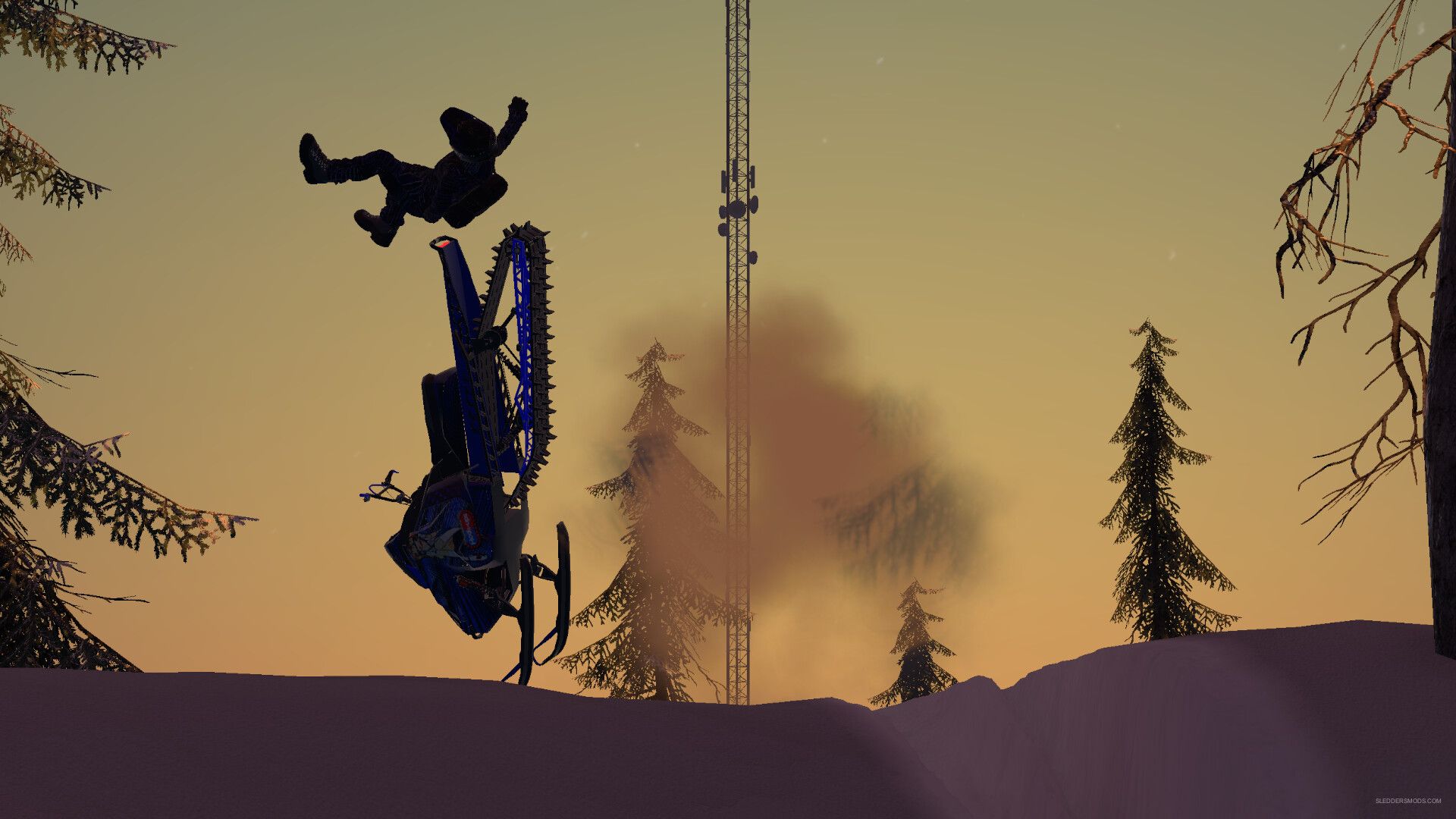 Screenshot from video game Sledders of person flying off their snowmobile, silhouetted against orange sky