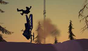 Screenshot from video game Sledders of person flying off their snowmobile, silhouetted against orange sky