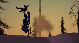 Screenshot from video game Sledders of person flying off their snowmobile, silhouetted against orange sky