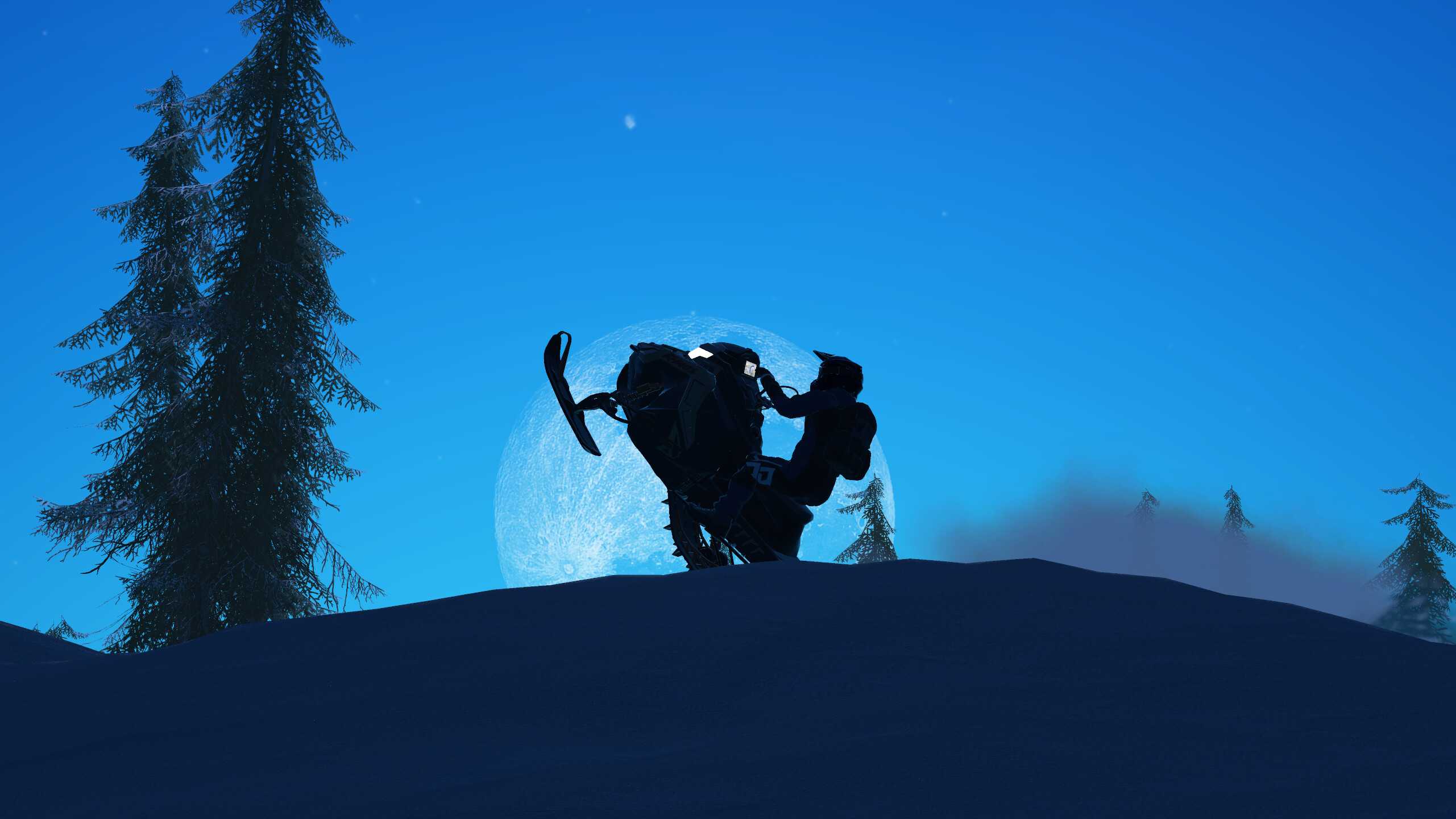 Screenshot from video game Sledders of person on snowmobile silhouetted with blue moon in the background