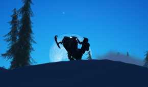 Screenshot from video game Sledders of person on snowmobile silhouetted with blue moon in the background