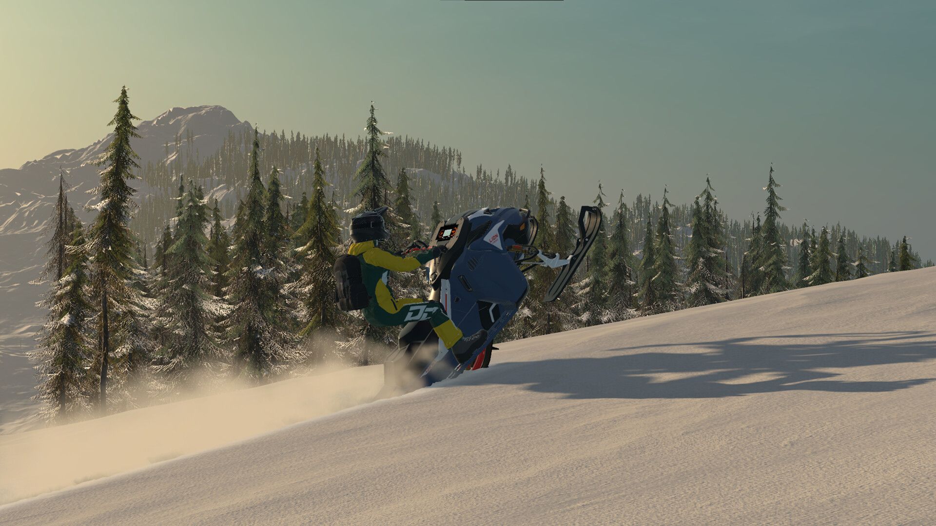Screenshot from video game Sledders of person on snowmobile driving up a snowy hill