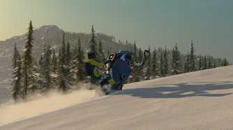 Screenshot from video game Sledders of person on snowmobile driving up a snowy hill