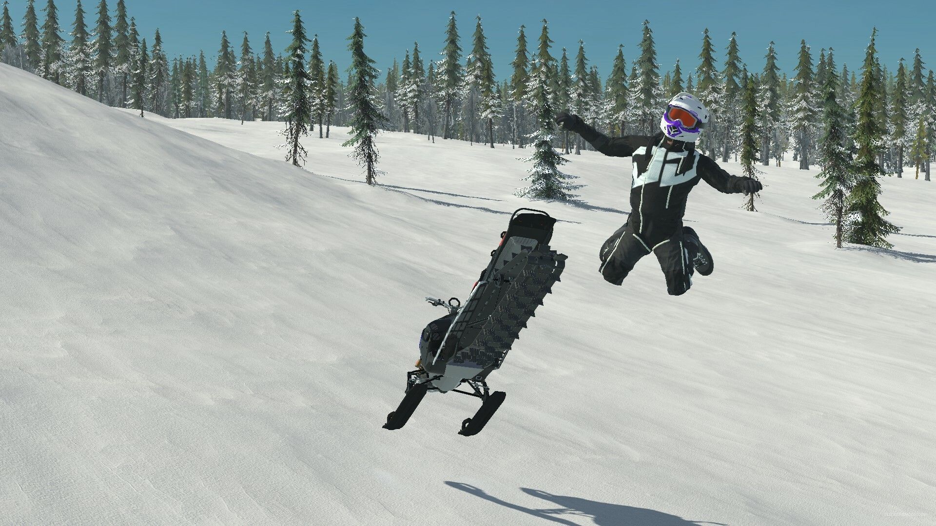 Screenshot from video game Sledders of person flying in the air off snowmobile down a snowy hill