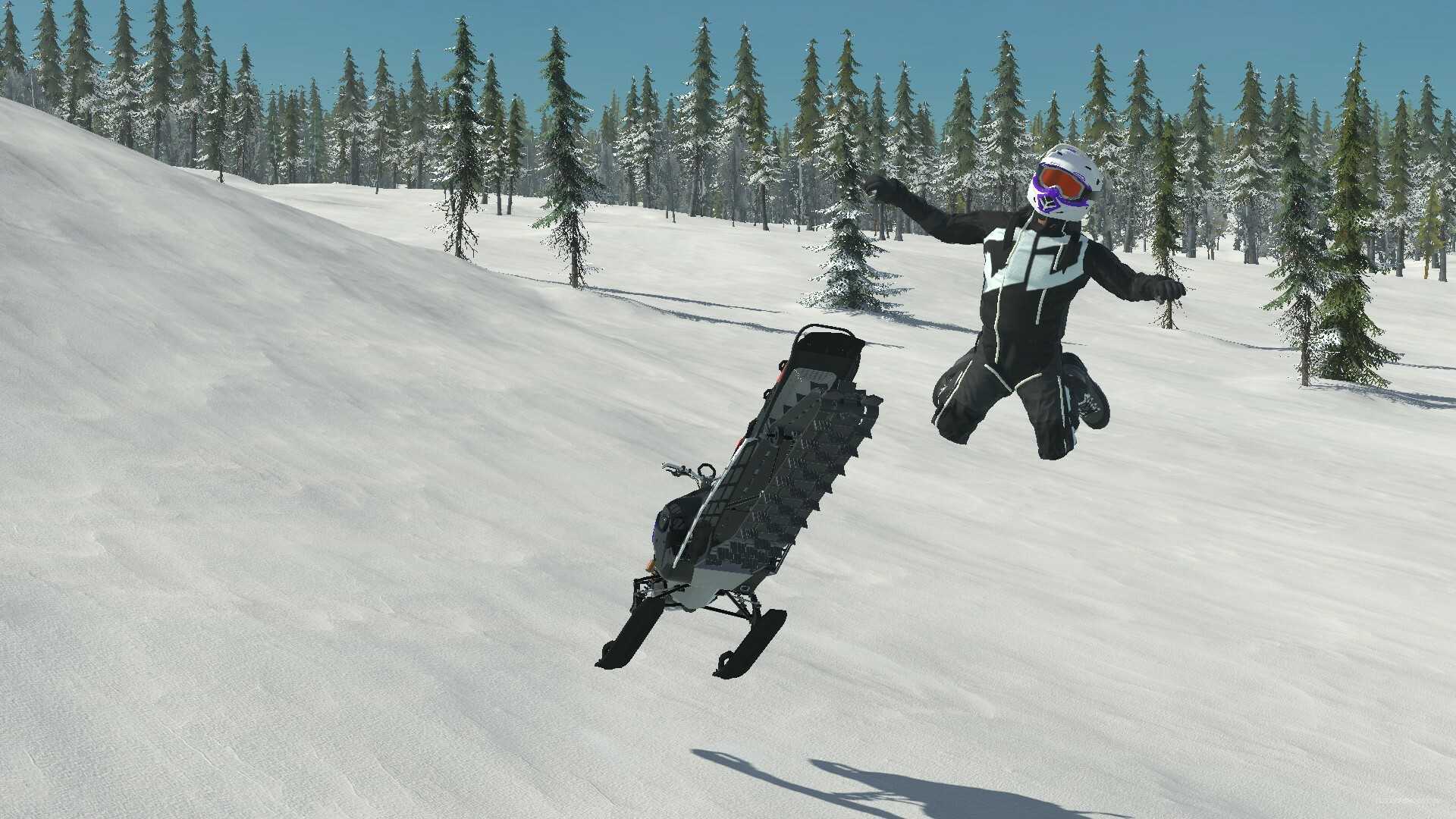 Screenshot from video game Sledders of person flying in the air off snowmobile down a snowy hill