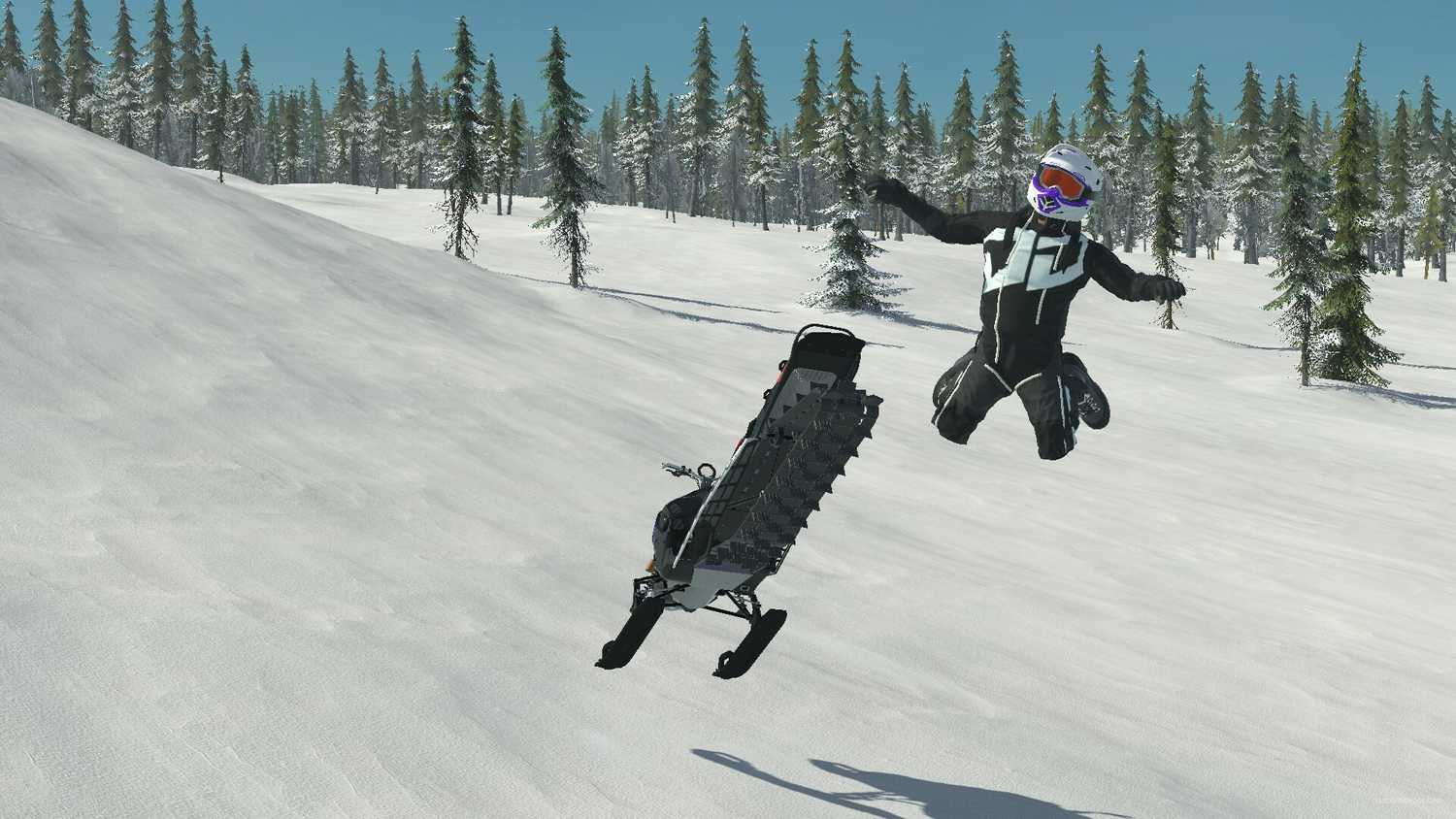 Screenshot from video game Sledders of person flying in the air off snowmobile down a snowy hill