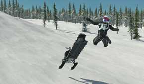 Screenshot from video game Sledders of person flying in the air off snowmobile down a snowy hill