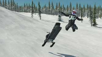 Screenshot from video game Sledders of person flying in the air off snowmobile down a snowy hill