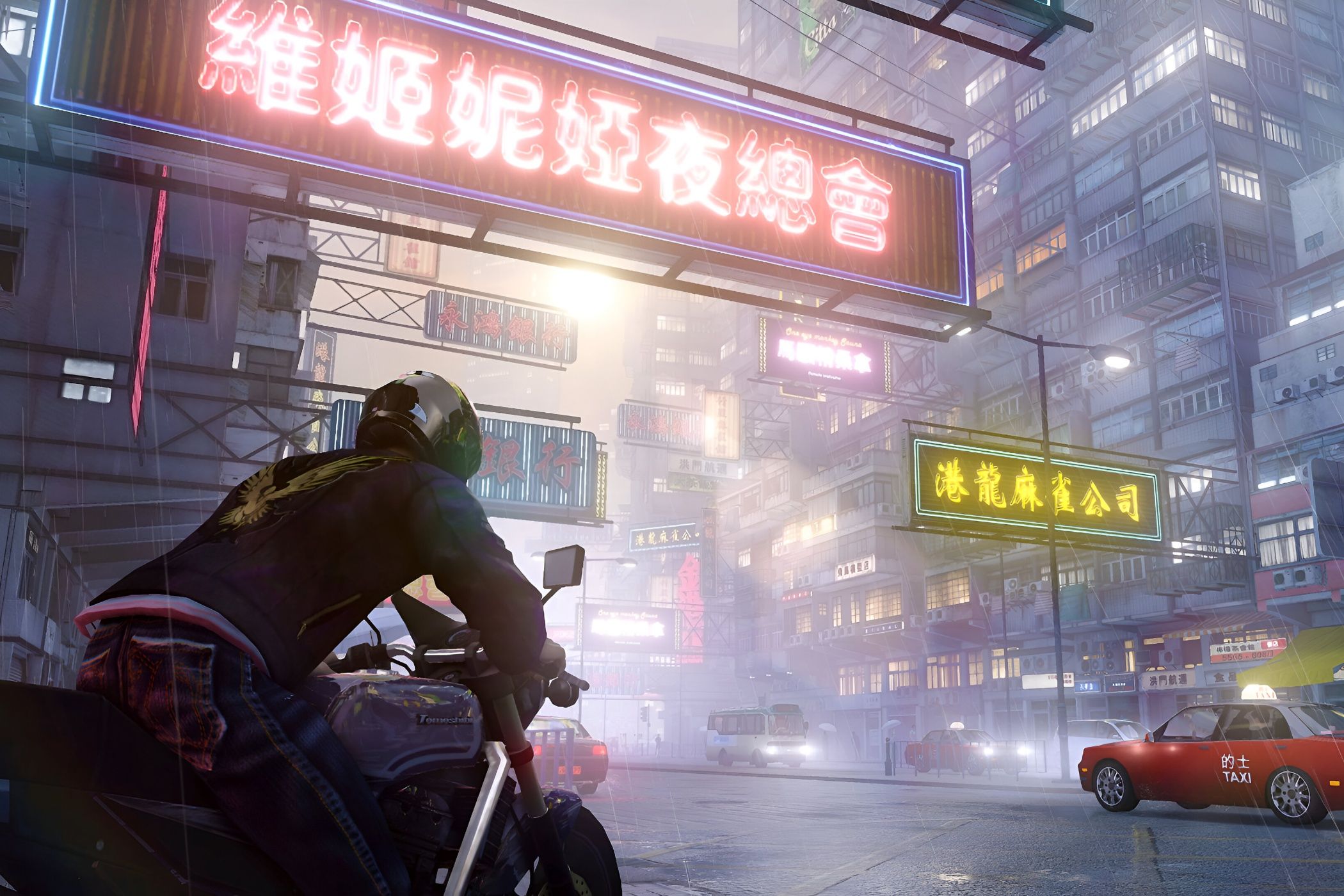 A screenshot from the game Sleeping Dogs, showing the city of Hong Kong, with neon-lit Chinese banners, and a man on a bike.