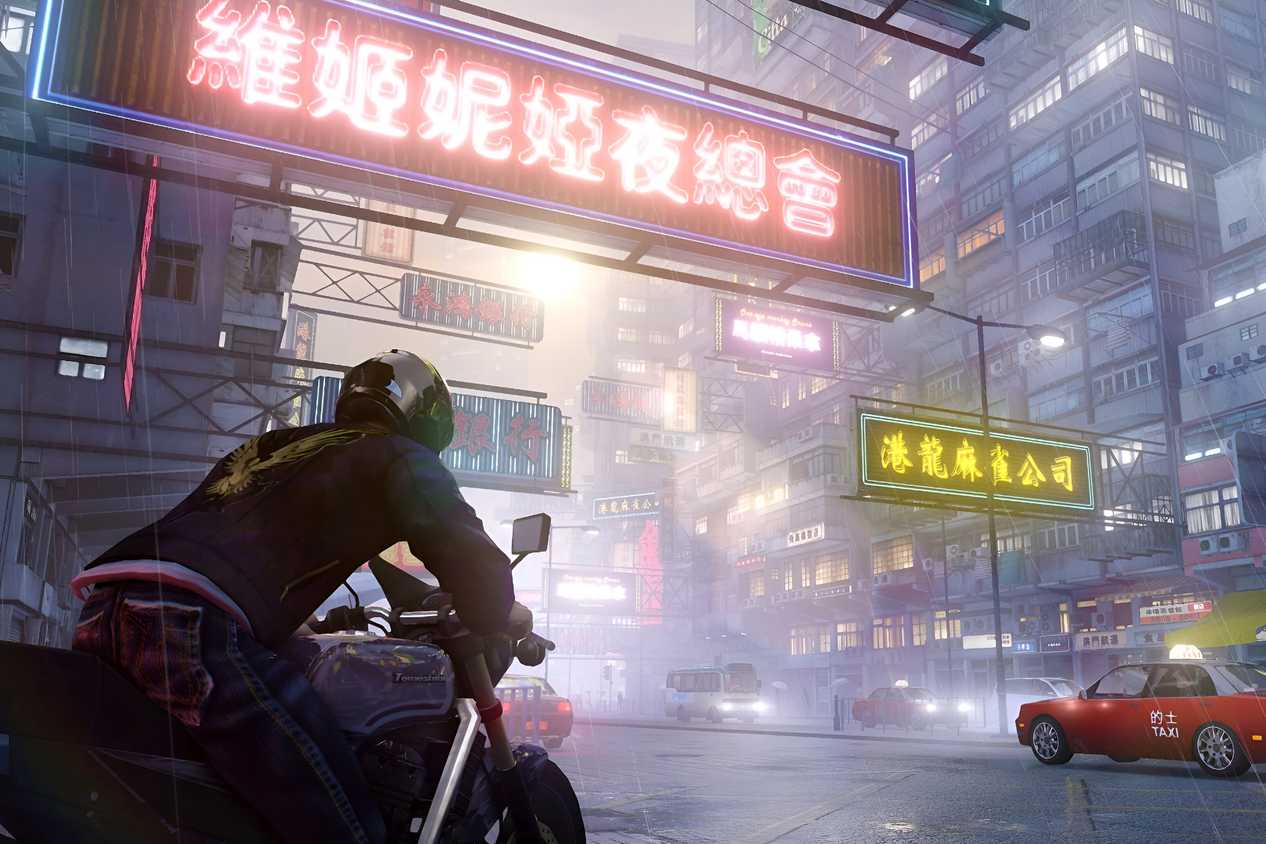 A screenshot from the game Sleeping Dogs, showing the city of Hong Kong, with neon-lit Chinese banners, and a man on a bike.