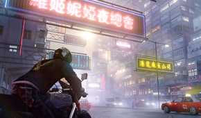 A screenshot from the game Sleeping Dogs, showing the city of Hong Kong, with neon-lit Chinese banners, and a man on a bike.