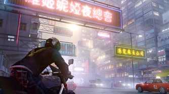 A screenshot from the game Sleeping Dogs, showing the city of Hong Kong, with neon-lit Chinese banners, and a man on a bike.