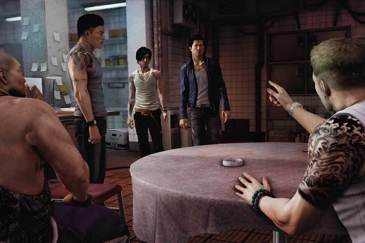 A screenshot from the game Sleeping Dogs, showing multiple character talking to each other.