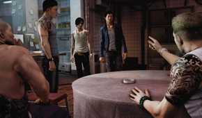 A screenshot from the game Sleeping Dogs, showing multiple character talking to each other.