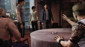 A screenshot from the game Sleeping Dogs, showing multiple character talking to each other.