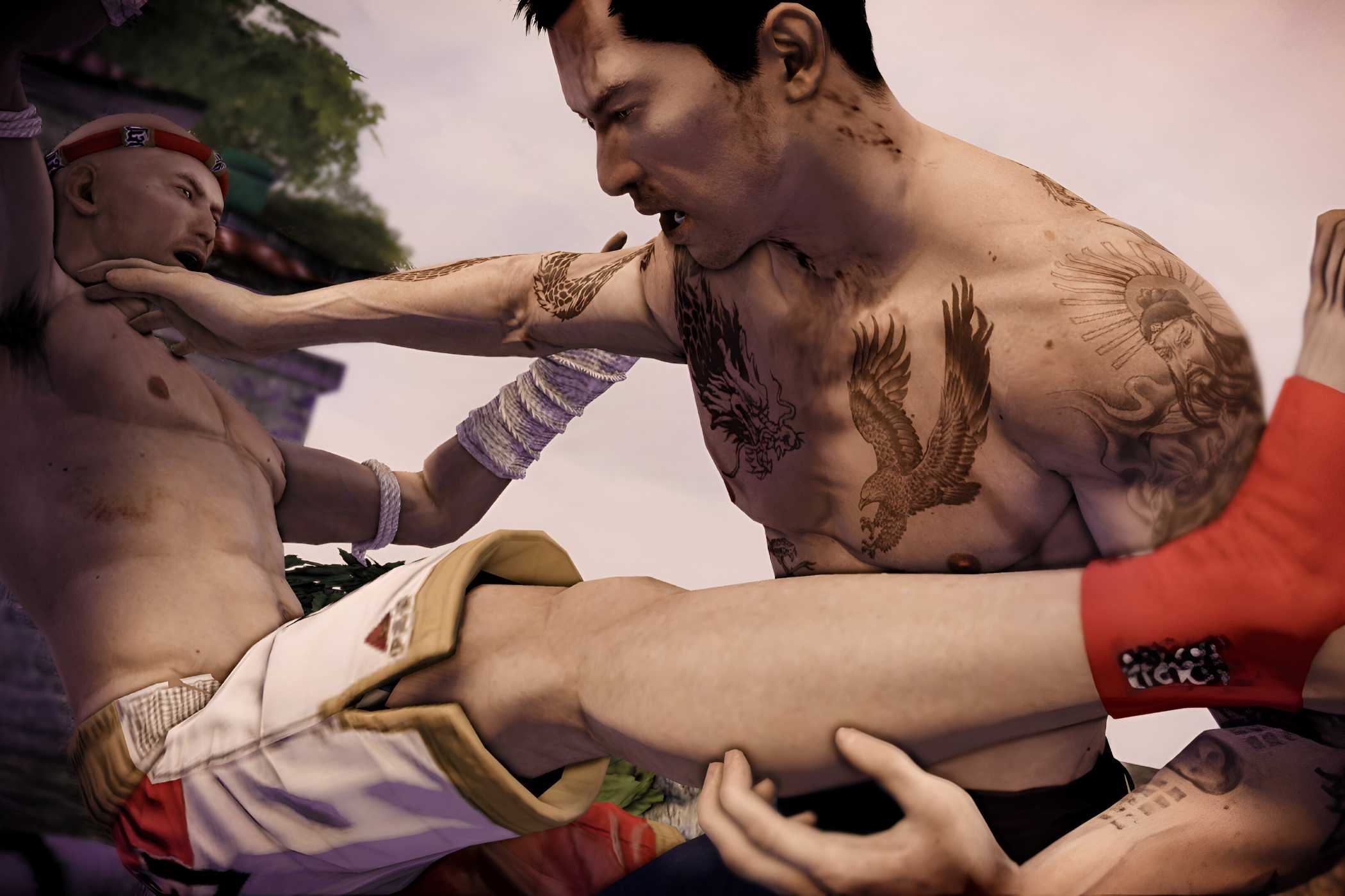 A screenshot from the game Sleeping Dogs, showing Wei Shen, the protagonist, shirtless, with tattoos on his chest and arms, engaging in martial combat with a bald opponent wearing a red headband and white shorts.