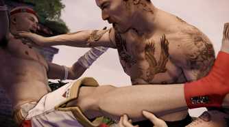 A screenshot from the game Sleeping Dogs, showing Wei Shen, the protagonist, shirtless, with tattoos on his chest and arms, engaging in martial combat with a bald opponent wearing a red headband and white shorts.