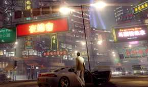 A screenshot from the game Sleeping Dogs, showing a man in a white suit, getting out of a whtie car, and looking at the busy city in front of him.