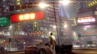 A screenshot from the game Sleeping Dogs, showing a man in a white suit, getting out of a whtie car, and looking at the busy city in front of him.